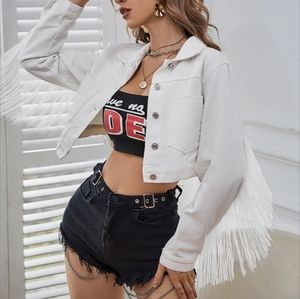 Woman's White Denim Western Style Crop Bomber with Fringe/Tassels Sz Medium/6
